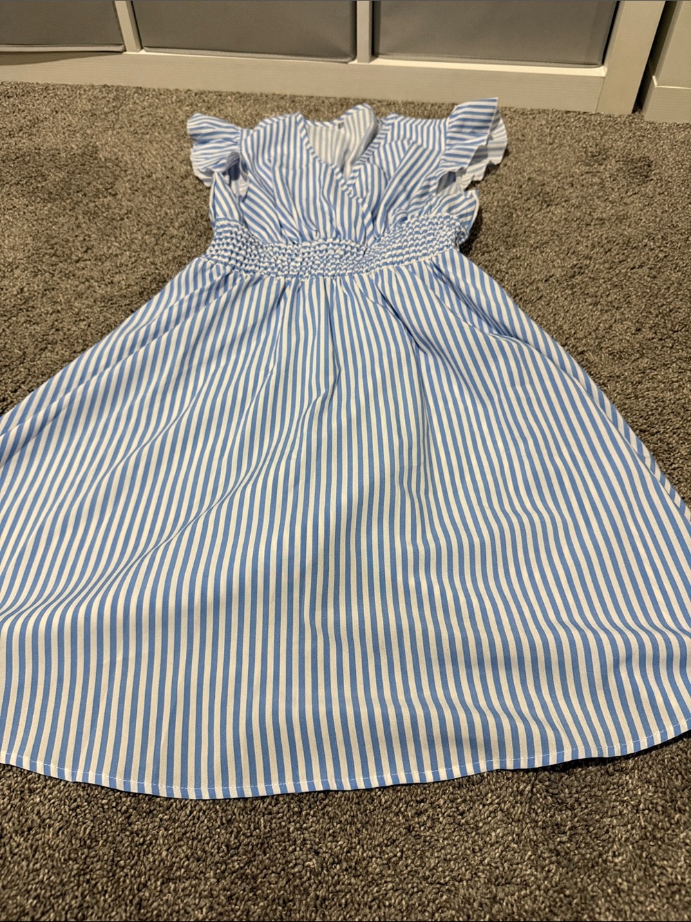 Blue and White Striped Smocked Waist Dress Knee Length - perfect for beach!
